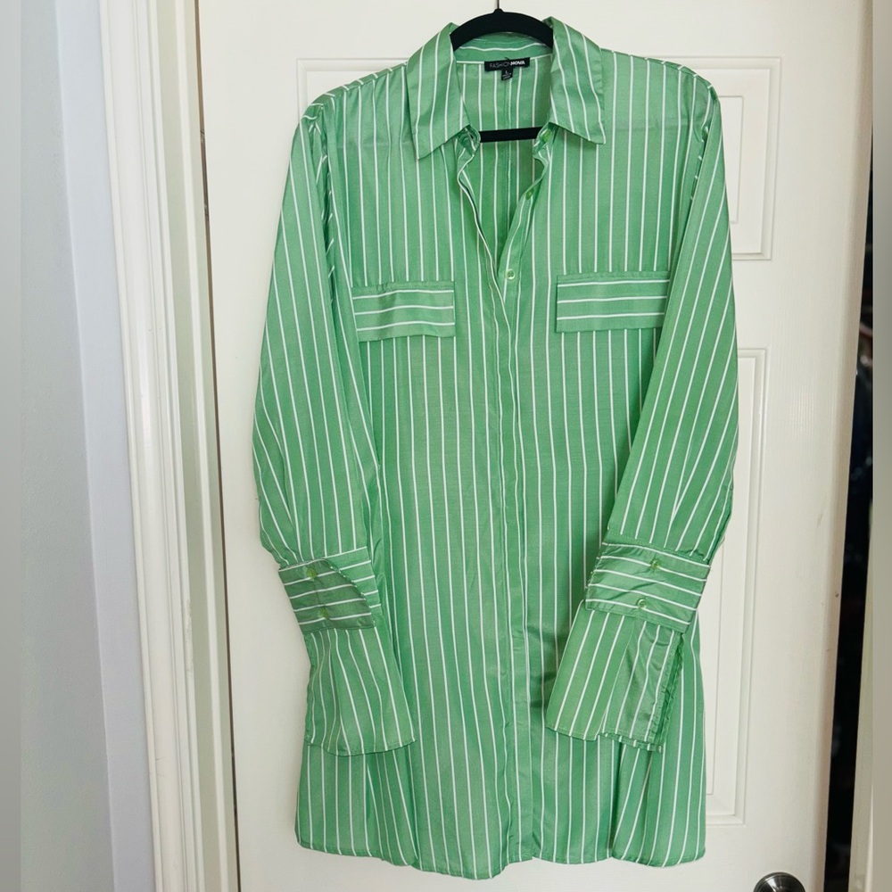 Fashion Nova Green Casual Button Down Shirt Dress